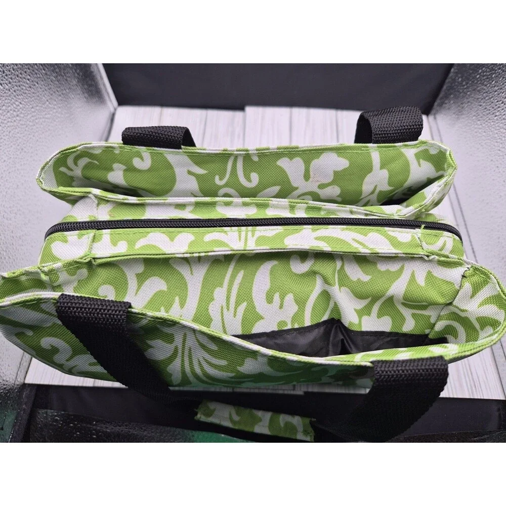 Nicole Miller Insulated Canvas Lunch Bag Green Damask Print Zippered Cooler Tote